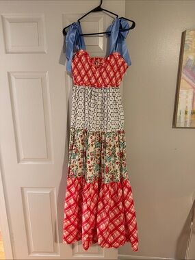 Red, Blue and White Dress with Floral and Plaid